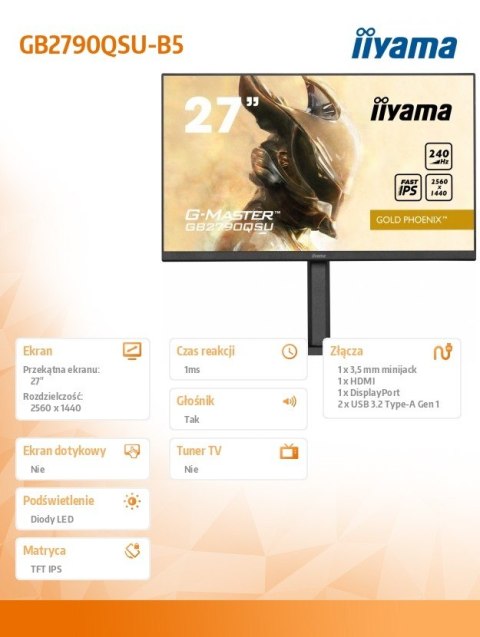 Monitor IIYAMA G-MASTER 27 QHD 240Hz 1ms IPS z FreeSync HDR400