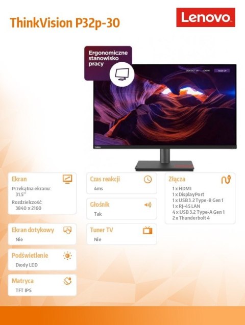Monitor Lenovo ThinkVision P32p-30 31.5 4K WLED LCD profesjonalny
