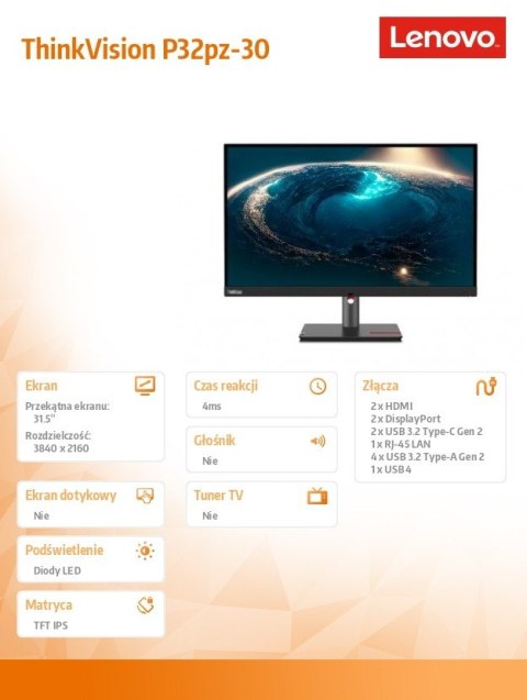 Monitor Lenovo ThinkVision P32pz-30 31.5 4K UHD matowy IPS