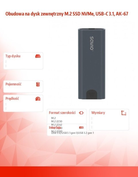 Obudowa na dysk zewnętrzny M.2 SSD NVMe Savio AK-67 USB-C 3.1 kompaktowa