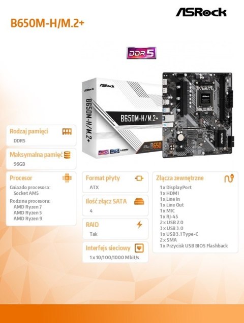 Płyta główna ASRock B650M-H/M.2 AM5 mATX DDR5 HDMI/DP