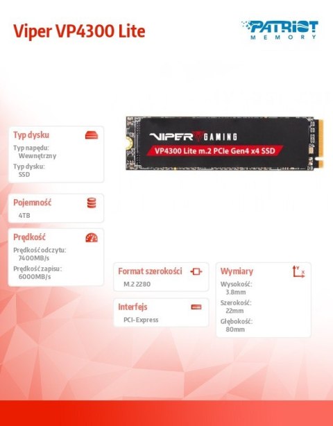 Dysk SSD Patriot Viper VP4300 Lite 4TB M.2 PCIe Gen4x4 NVMe szybki