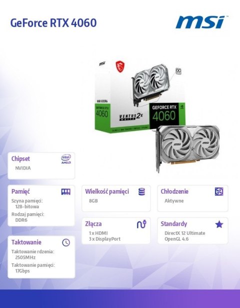 Karta graficzna MSI GeForce RTX 4060 VENTUS 2X WHITE OC 8GB GDDR6 wydajna