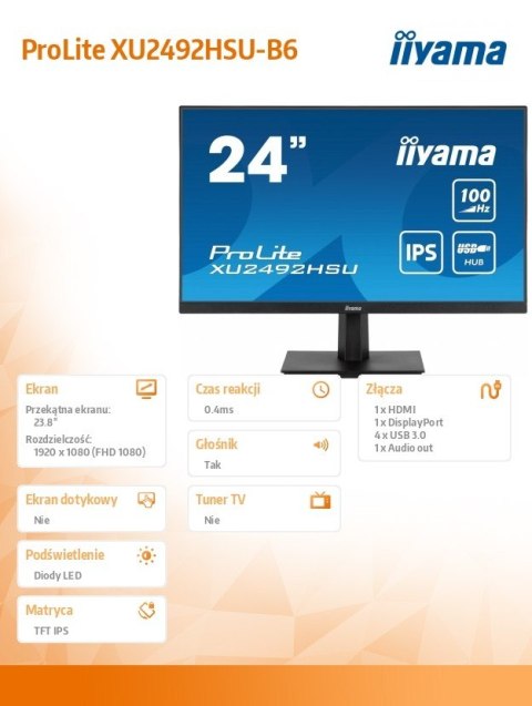 Monitor IIYAMA ProLite XU2492HSU-B6 23.8 FHD IPS 100Hz z USB3.2