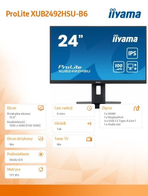 Monitor IIYAMA ProLite XUB2492HSU-B6 23.8 FHD IPS 100Hz regulowany PIVOT