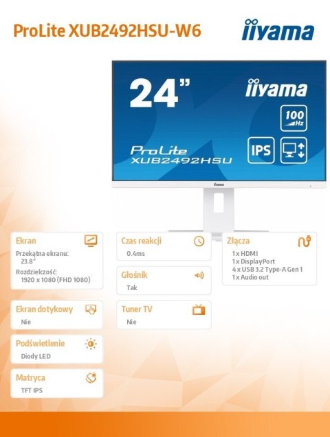Monitor IIYAMA ProLite XUB2492HSU-W6 23.8 FHD 100Hz IPS Slim z HDMI DP