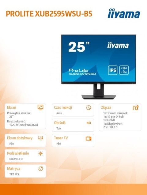 Monitor IIYAMA PROLITE XUB2595WSU-B5 25 IPS Full HD z regulacją wysokości