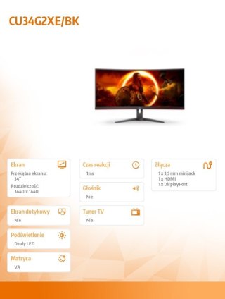 Monitor AOC CU34G2XE 34 cale zakrzywiony 144Hz WQHD z HDMI DP