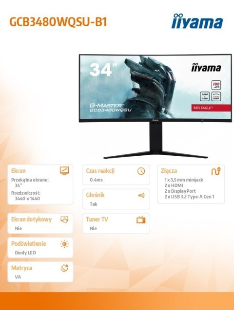 Monitor IIYAMA G-MASTER 34 cale GCB3480WQSU-B1 UWQHD 180Hz zakrzywiony VA