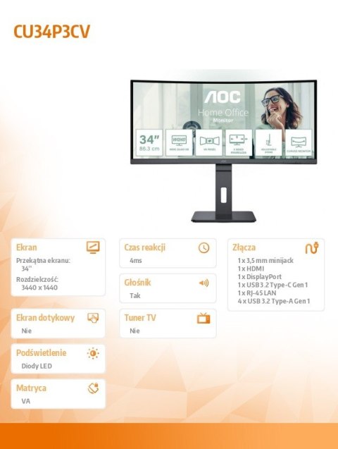 Monitor AOC CU34P3CV 34 cale 100Hz Curved VA WQHD z HDMI USB-C