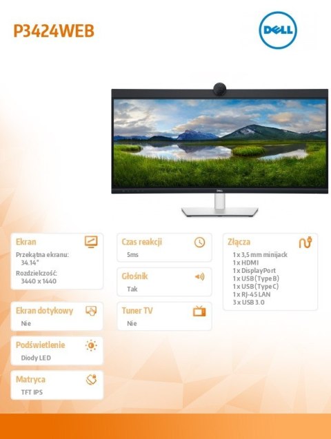 Monitor Dell P3424WEB 34 cale zakrzywiony WQHD z kamerą i głośnikami