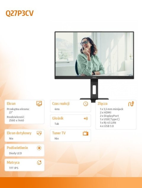 Monitor AOC Q27P3CV 27 cali IPS QHD z USB-C i HDMI