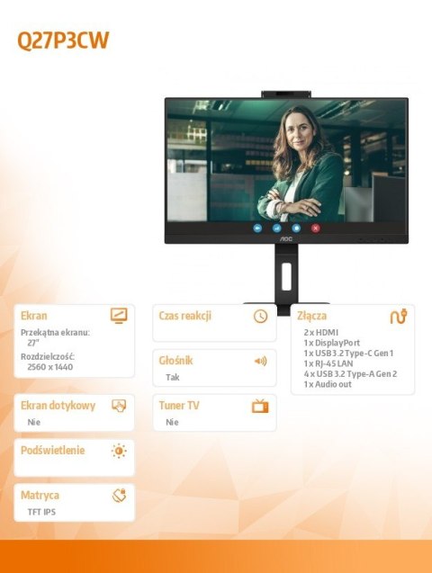 Monitor AOC Q27P3CW 27'' IPS QHD z kamerą USB-C Pivot