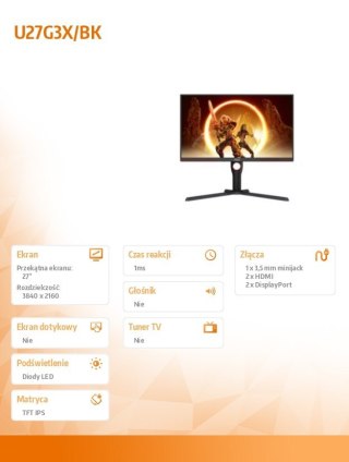 Monitor AOC U27G3X 27 cali 4K 160Hz IPS gamingowy z Pivot
