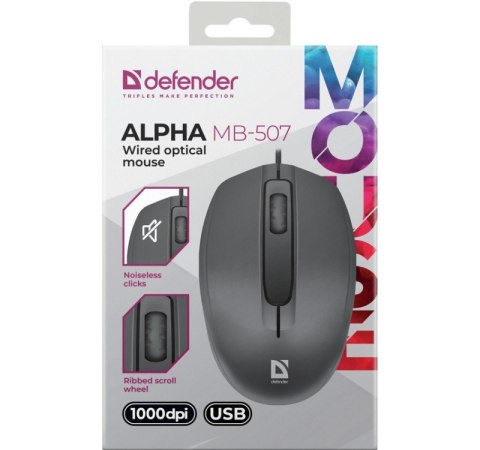 Mysz przewodowa optyczna Defender Alpha MB-507 1000 DPI czarna z wyciszonym klikiem
