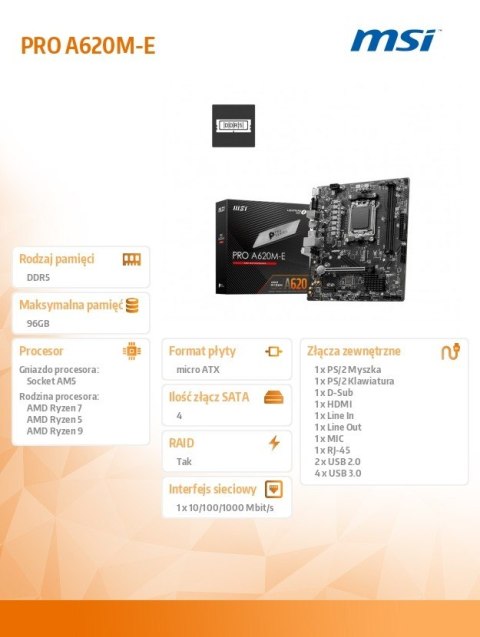 Płyta główna MSI PRO A620M-E AM5 mATX DDR5 HDMI lekka wydajność