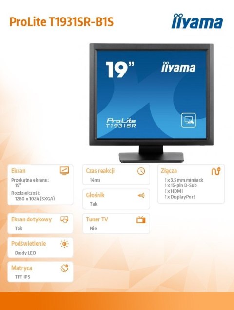 Monitor IIYAMA ProLite T1931SR-B1S 19 cali dotykowy z HDMI i DP