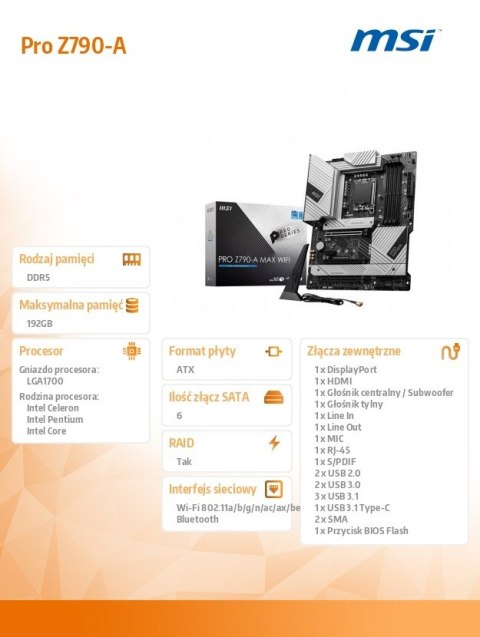 Płyta główna MSI PRO Z790-A MAX WIFI s1700 DDR5 ATX z HDMI i DisplayPort