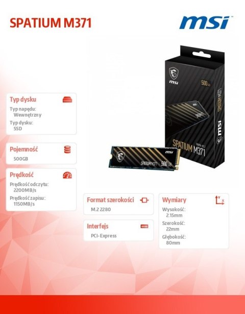 Dysk SSD MSI SPATIUM M371 500GB M.2 PCIe3 szybki wydajny