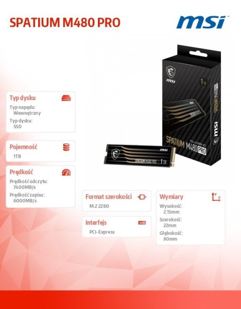 Dysk SSD MSI SPATIUM M480 PRO 1TB M.2 PCIe4 7400/6000MBs wydajny