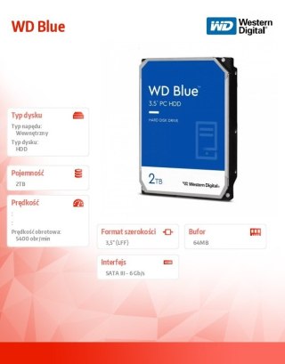 Dysk twardy WD Blue 2TB 3,5 SATAIII 5400 RPM wydajny HDD