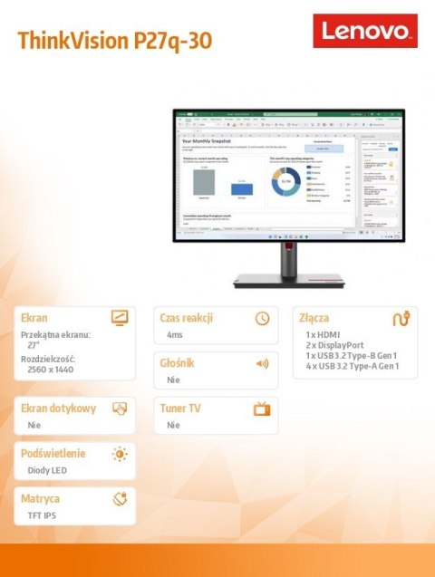 Monitor Lenovo ThinkVision P27q-30 27 cali WLED matowy 2K IPS