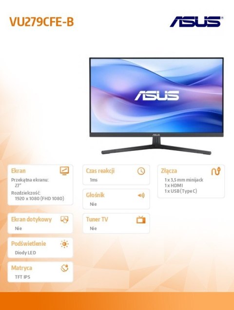 Monitor Asus VU279CFE-B 27 cali IPS 100Hz FHD z HDMI USB-C