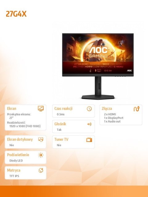 Monitor AOC 27G4X 27 cali IPS 180Hz z Pivotem i głośnikami