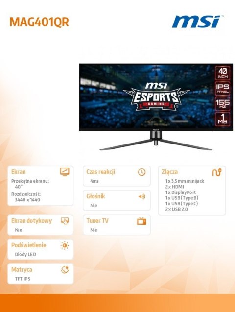 Monitor MSI MAG401QR 40 UHD 155Hz 1ms IPS gamingowy panoramiczny
