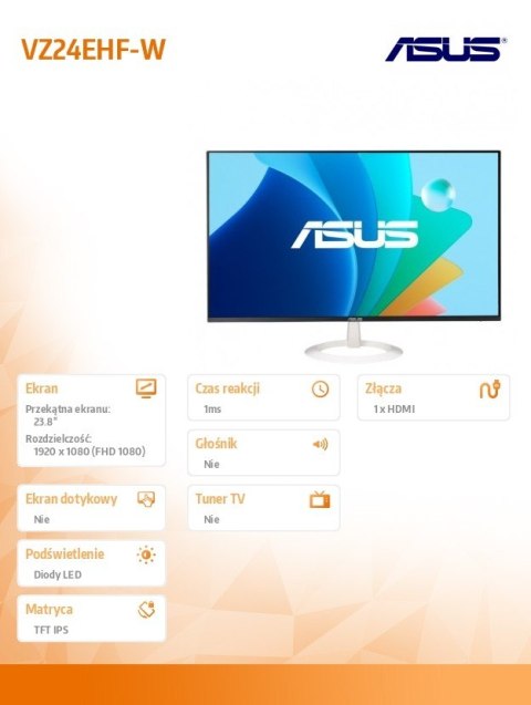 Monitor ASUS VZ24EHF-W 24 FHD IPS bezramkowy 100Hz 1ms dla graczy