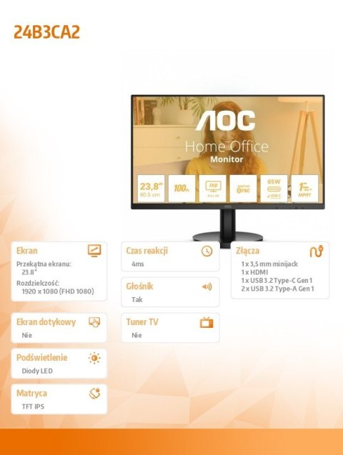 Monitor AOC 24B3CA2 23.8 FHD 100Hz IPS z HDMI USB-C