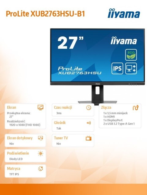 Monitor IIYAMA ProLite XUB2763HSU-B1 27 FHD IPS 100Hz ekologiczny z HDMI