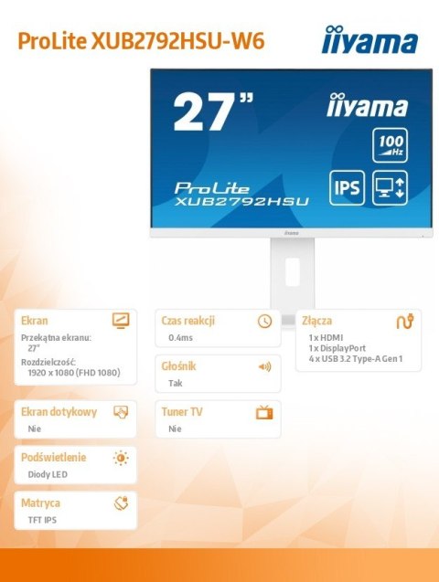 Monitor IIYAMA ProLite XUB2792HSU-W6 27 cali IPS 100Hz z Pivot i USB 3.2