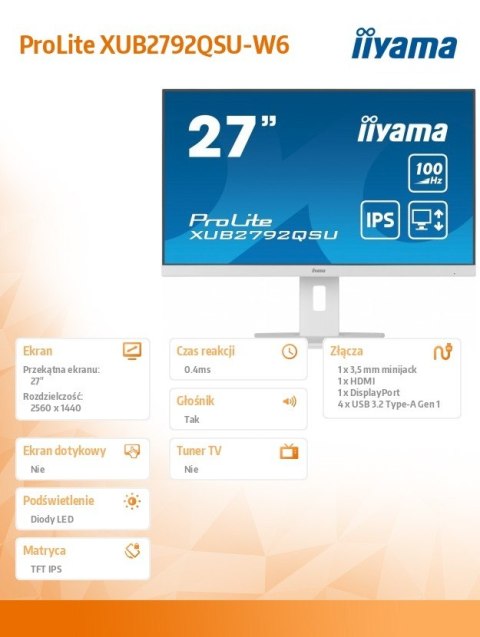 Monitor IIYAMA ProLite XUB2792QSU-W6 27 QHD IPS 100Hz z hubem USB3.2