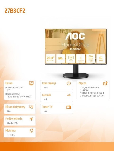 Monitor AOC 27B3CF2 27 cali IPS 100Hz USB-C z regulacją wysokości