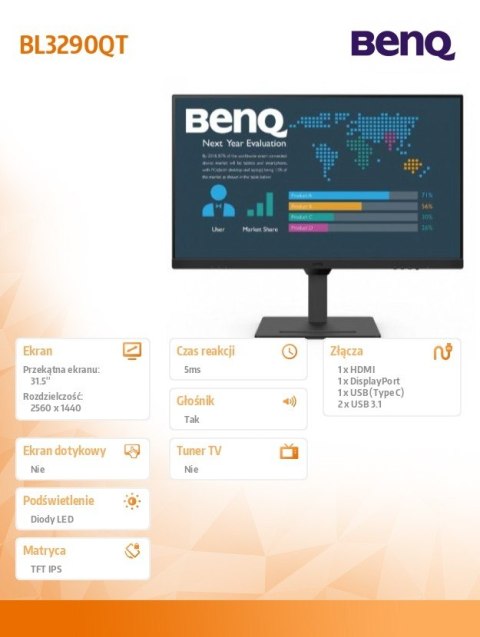 Monitor BenQ BL3290QT 31.5 2K IPS 75Hz ergonomiczny z USB-C