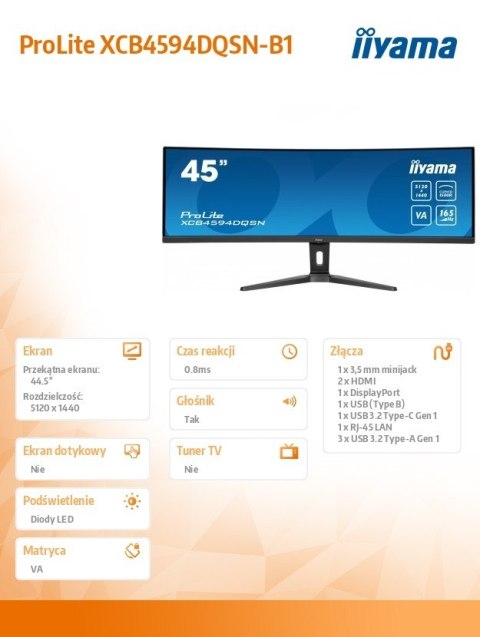 Monitor IIYAMA ProLite XCB4594DQSN-B1 44.5 DQHD 165Hz USB-C KVM