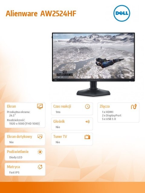 Monitor Dell Alienware AW2524HF 24.5 FHD 500Hz gaming z FreeSync