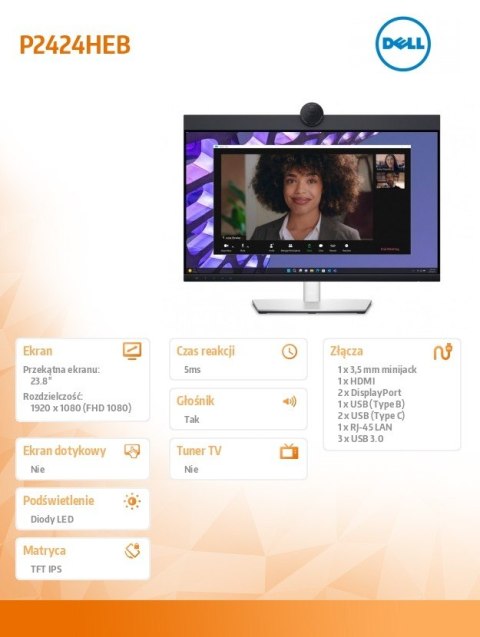 Monitor Dell P2424HEB 23.8 cal LED IPS Full HD z kamerą i głośnikami