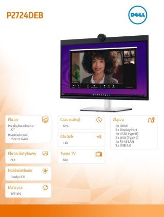 Monitor Dell P2724DEB 27 cali LED IPS QHD do wideokonferencji