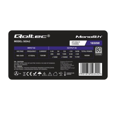 Zasilacz Qoltec ATX 1650W 80 Plus Platinum wydajny z chłodzeniem aktywnym