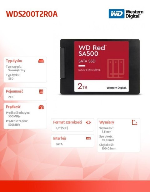 Dysk SSD WD Red 2TB SATA 2,5 szybki niezawodny do NAS