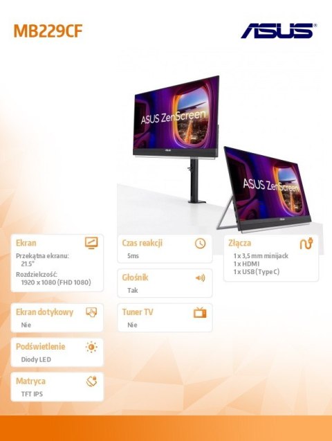 Monitor Asus MB229CF 21.5 cali FHD matowy IPS z pivotem
