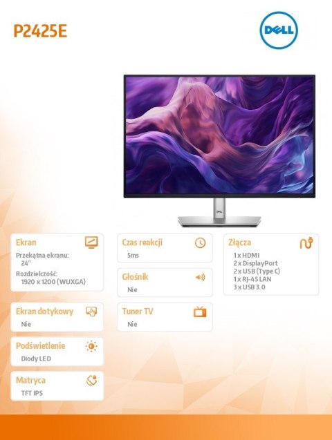 Monitor Dell P2425E 24 WUXGA z USB-C i HDMI 100Hz komfortowy