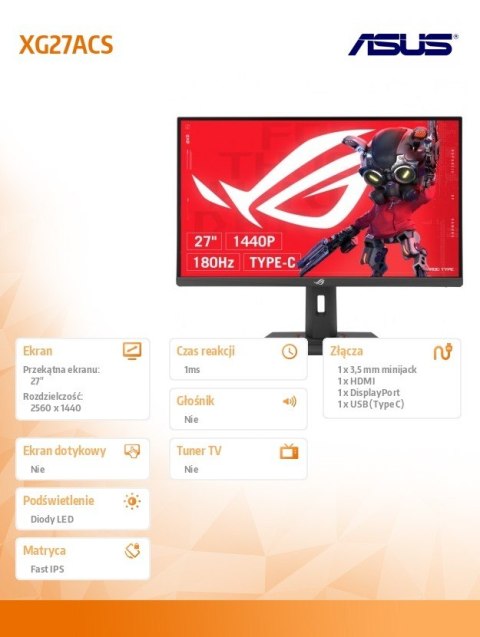 Monitor Asus XG27ACS 27 cali ROG IPS 180Hz 1ms pivot matowy