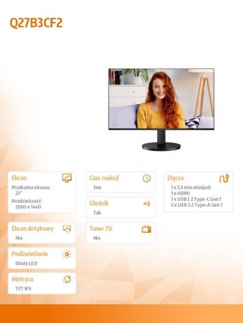 Monitor AOC Q27B3CF2 27 cali IPS 100Hz USB-C regulowany stojak