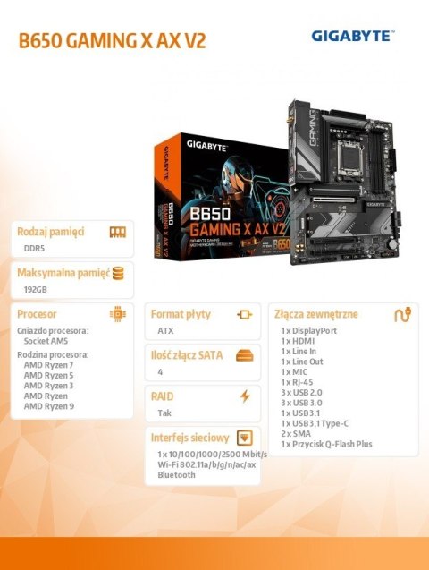 Płyta główna Gigabyte B650 GAMING X AX V2 AM5 DDR5 ATX z Wi-Fi 6E