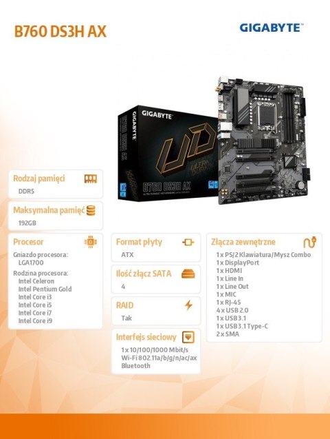 Płyta główna Gigabyte B760 DS3H AX s1700 4DDR5 ATX z WiFi 6E