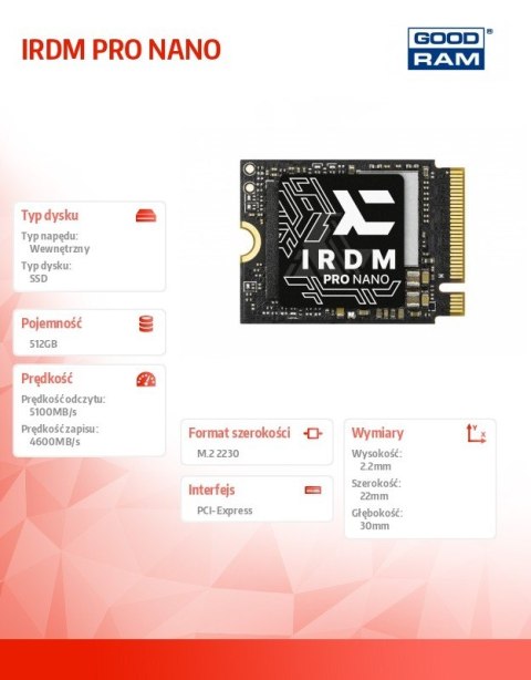 Dysk SSD GOODRAM IRDM PRO NANO M.2 2230 512GB szybki 5100/4600