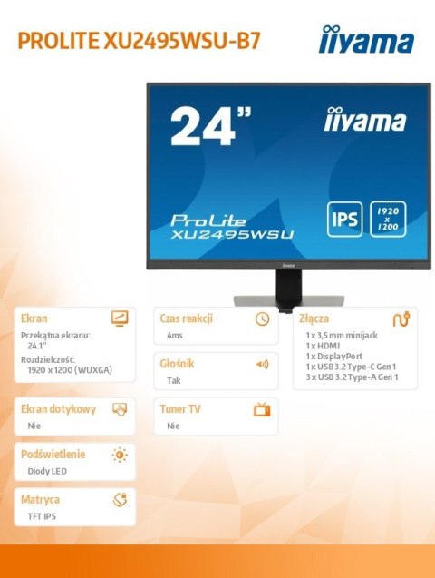 Monitor IIYAMA ProLite XU2495WSU-B7 24 cale IPS 16:10 300cd matowy FlickerFree
